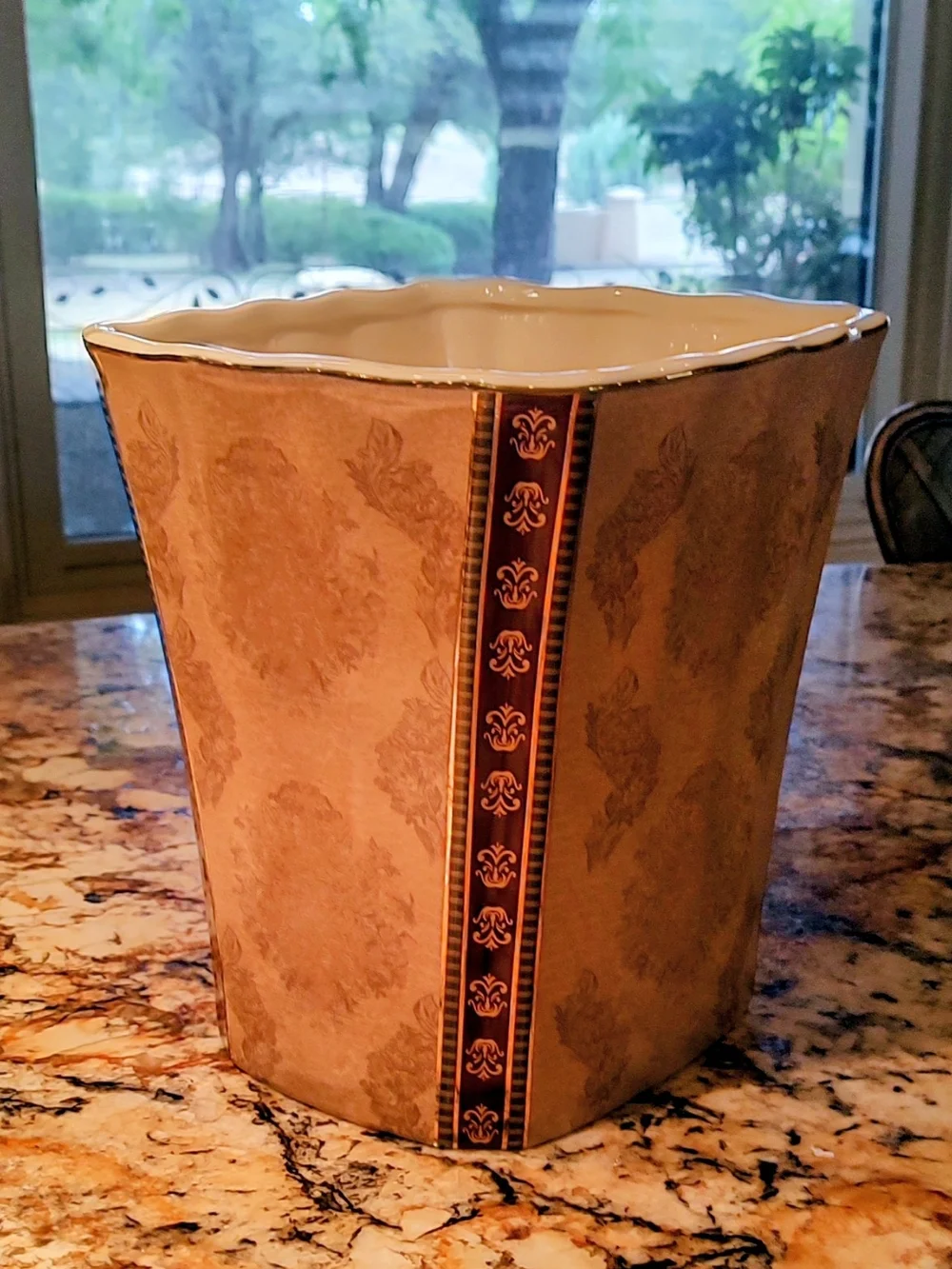 Croscill Brown, Cream and Gold Ceramic Wastebasket with Damask Trim